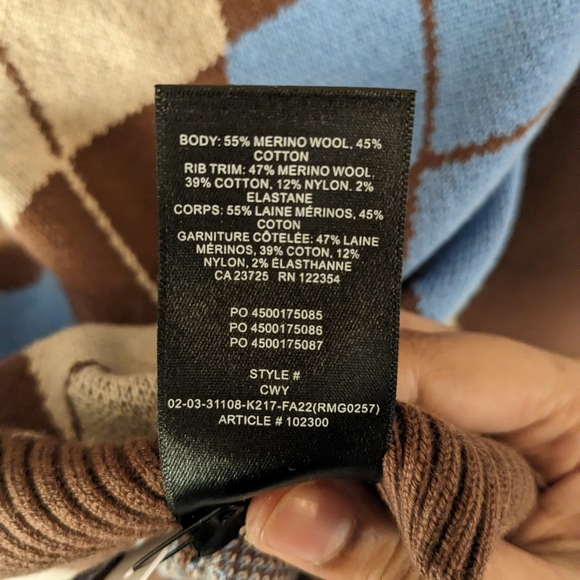 Aritzia Peggy Sweater - brown cognac blue argyle merino wool - Picture 3 of 7